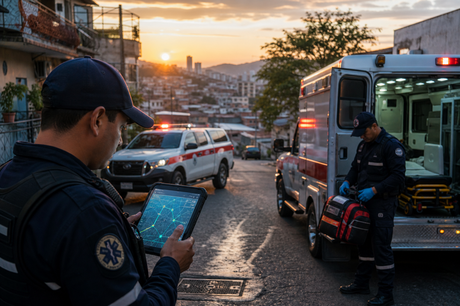 Funcionario revisando ruta y estado del evento en un dispositivo móvil.