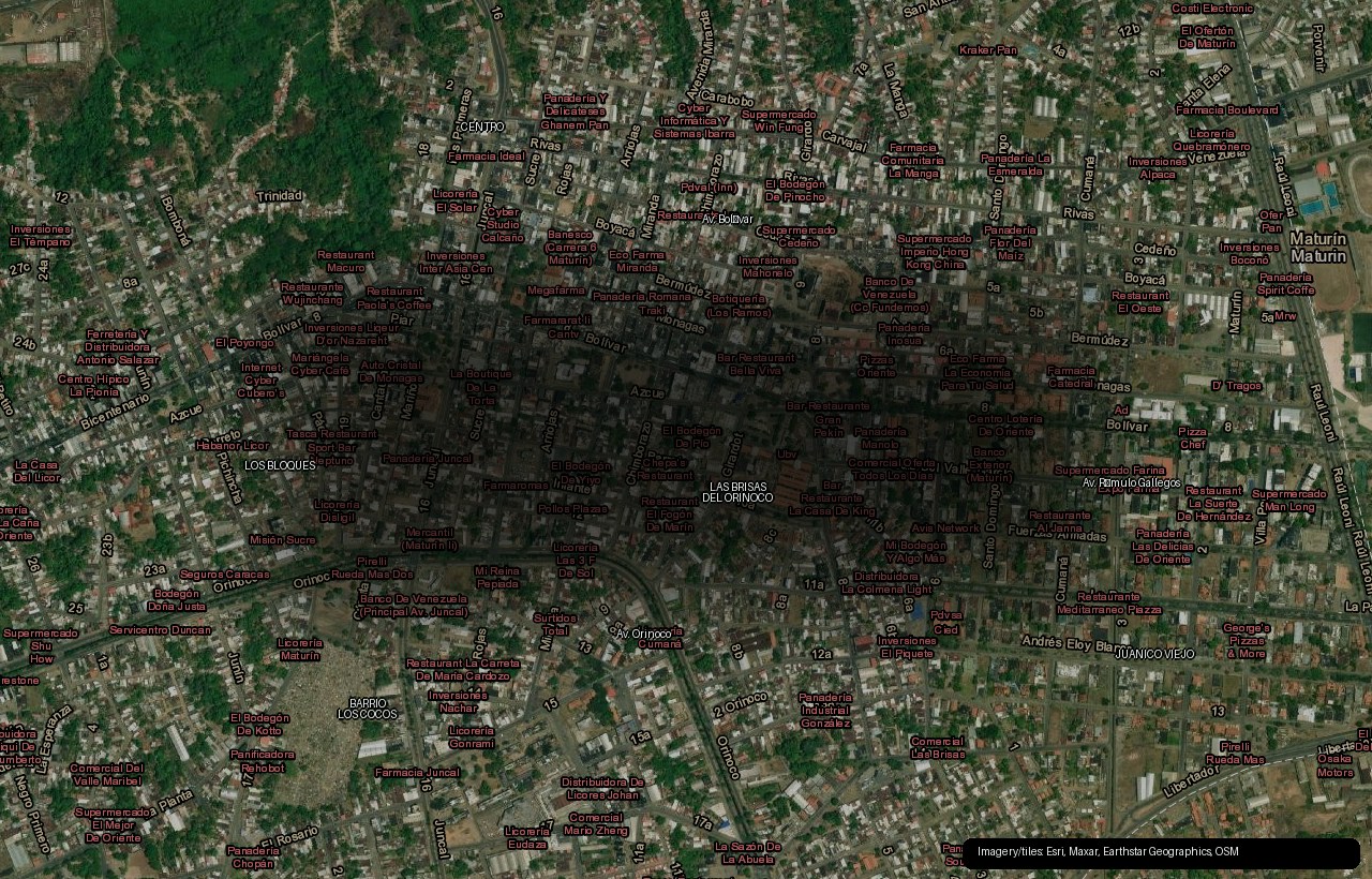 Mapa satelital operacional de Maturín con eventos activos en Centro, Los Bloques, Las Brisas del Orinoco y Juanico.